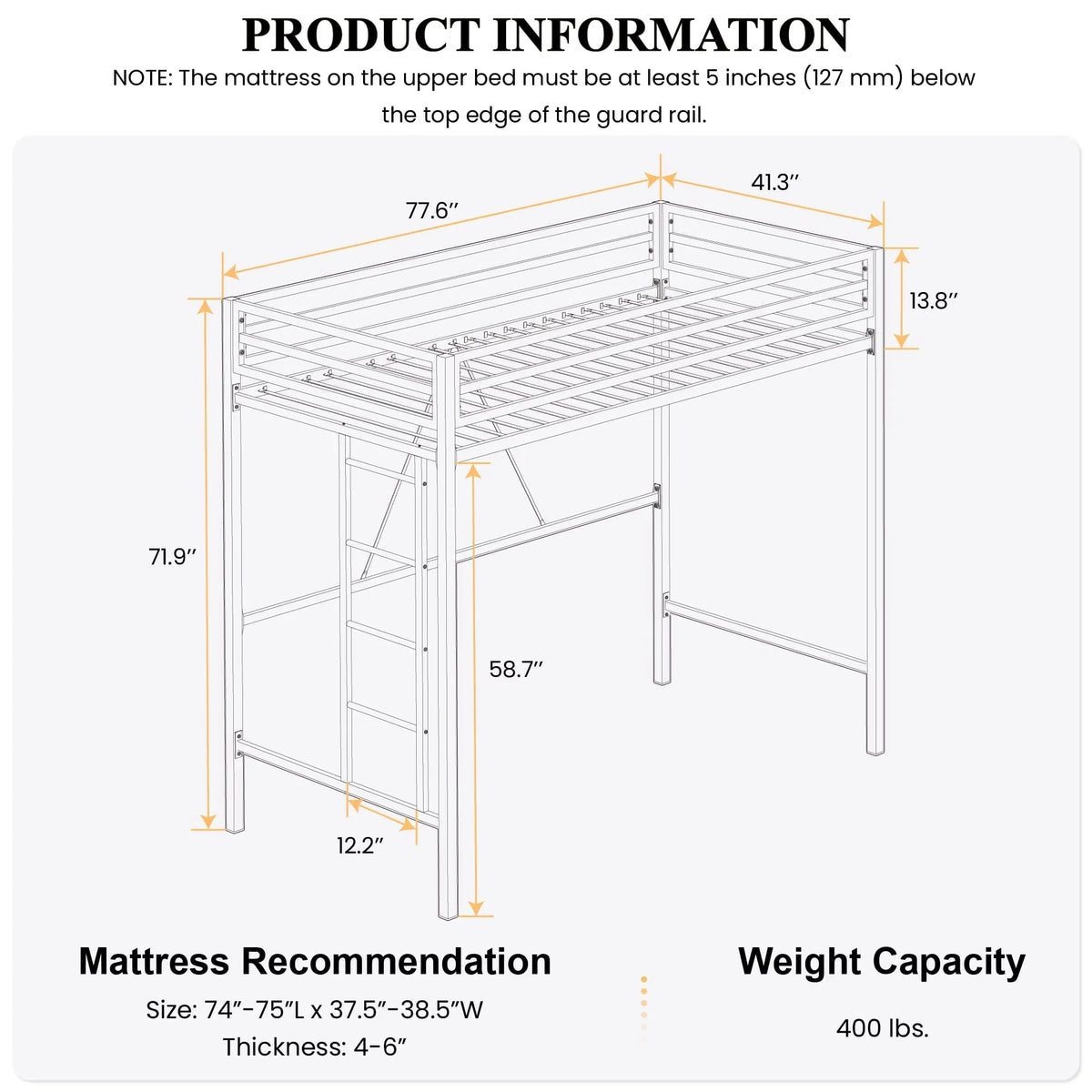 SHA CERLIN Junior Loft Bed Frame, Twin Size, Black