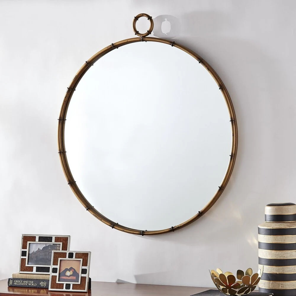 Round Wall Mirror With Antique Brass Finish And Decorative Ring Detail - 31.5in W x 1.5in D x 35in H