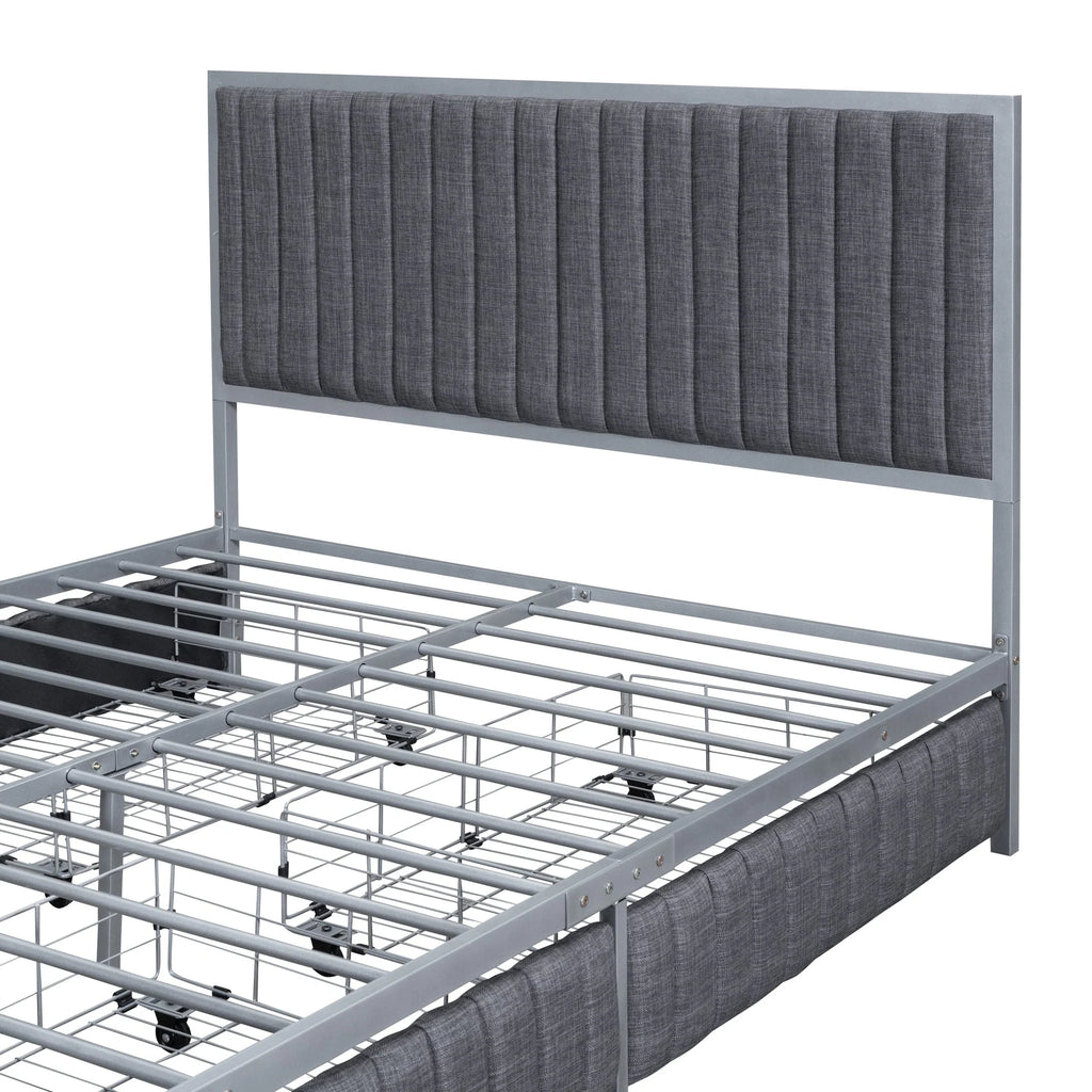 Roomfitters Full Size Upholstered Metal Platform Bed With 4 Drawers, Linen Fabric, Gray - 76.6in L x 55.7in W x 41.7in H