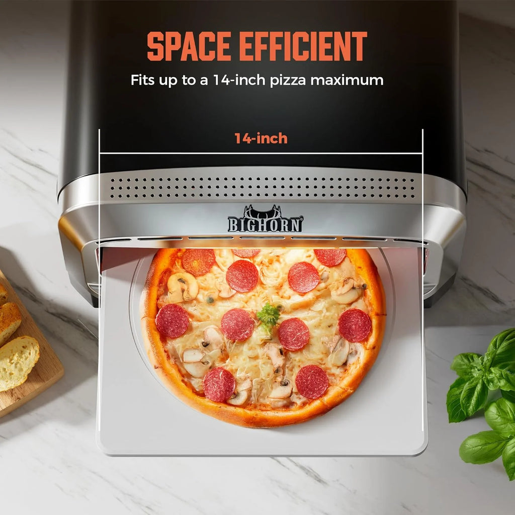 BIG HORN OUTDOORS Countertop Electric Pizza Oven, 14-inch, Stainless Steel, Black/Silver