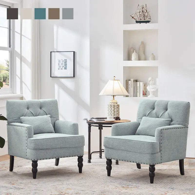 Set Of 2 Upholstered Button-Tufted Accent Chairs With Lumbar Pillows - 30 x 29 x 35 inches