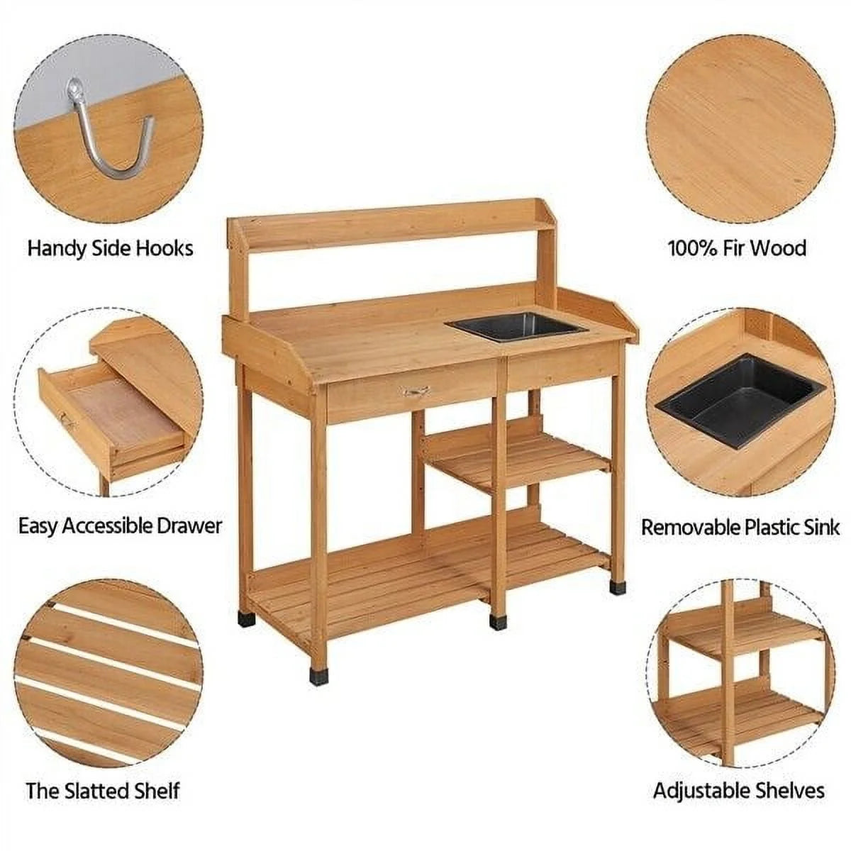 Veado Potting Bench With Sink, Drawer, Rack And Shelves, 45.2 x 17.7 x 47.6 in - Natural Wood
