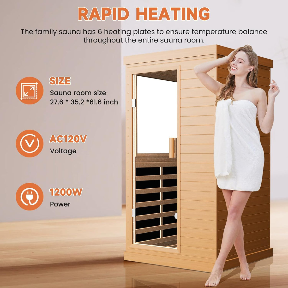 Far Infrared Home Sauna Spa Room, Canadian Hemlock Wood, 1200W, 110V, 35.2 x 27.6 x 61.6 Inch