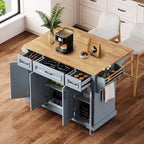 Rubberwood Kitchen Island Cart, 54-inch Drop-Leaf, 4 Doors, 3 Drawers - Embossed Finish