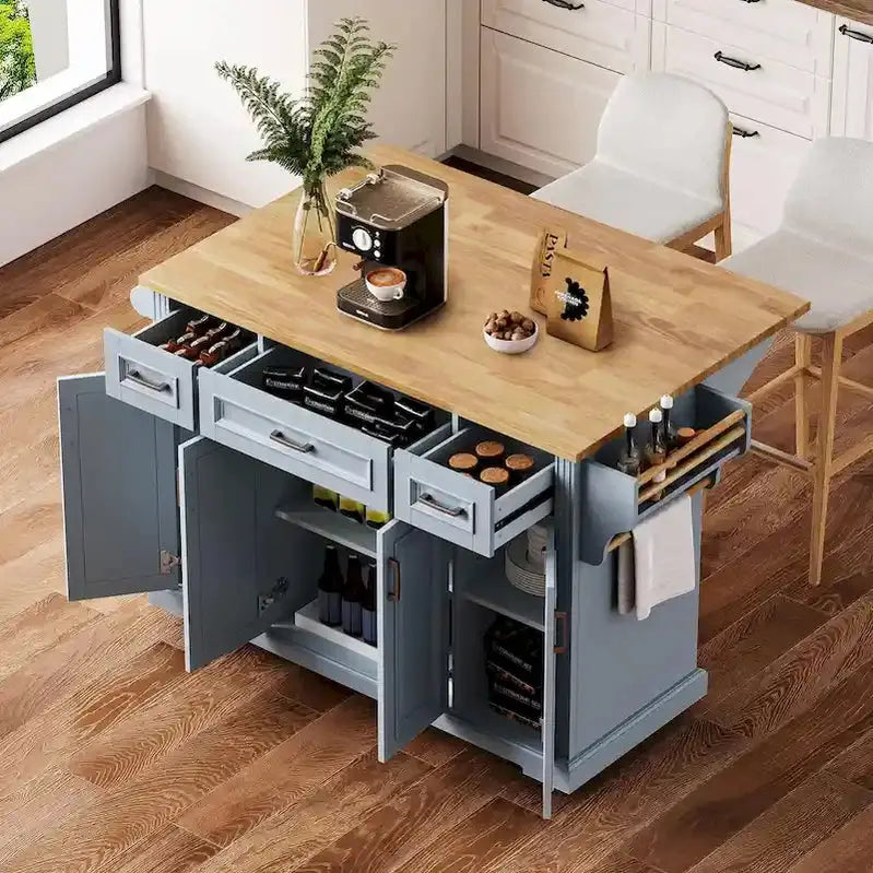 Rubberwood Kitchen Island Cart, 54-inch Drop-Leaf, 4 Doors, 3 Drawers - Embossed Finish
