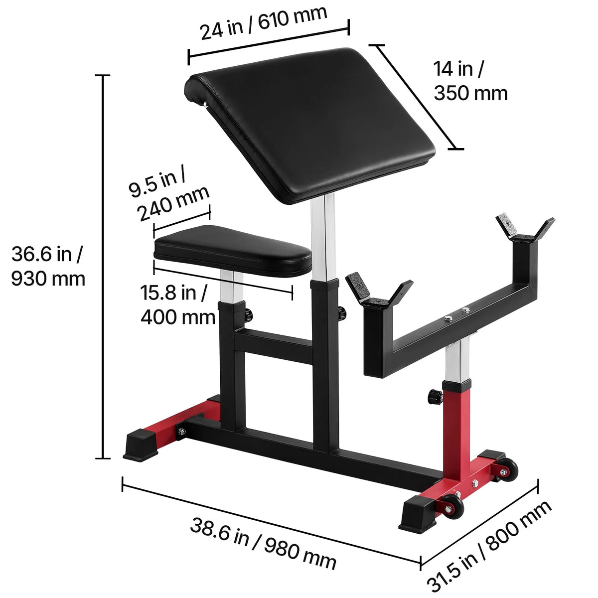 VEVOR Adjustable Preacher Curl Bench, 440 Lbs, Black+Red - AX1010