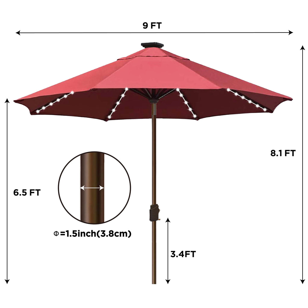 EliteShade 9ft Market Patio Umbrella With 80 LED Lights, Ruby