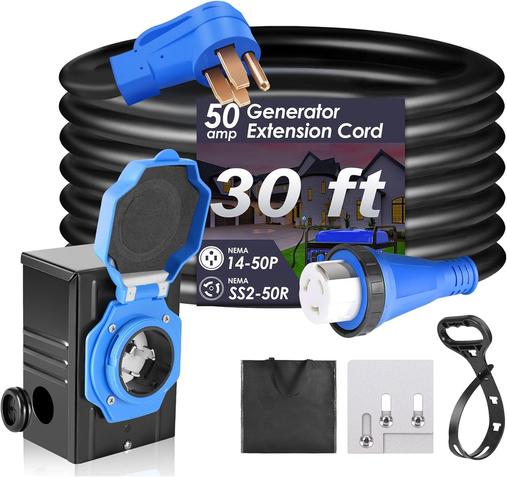 Seeutek 50 Amp 30 Ft Generator Extension Cord With Power Inlet Box And Interlock Kit - NEMA 14-50P/SS2-50P