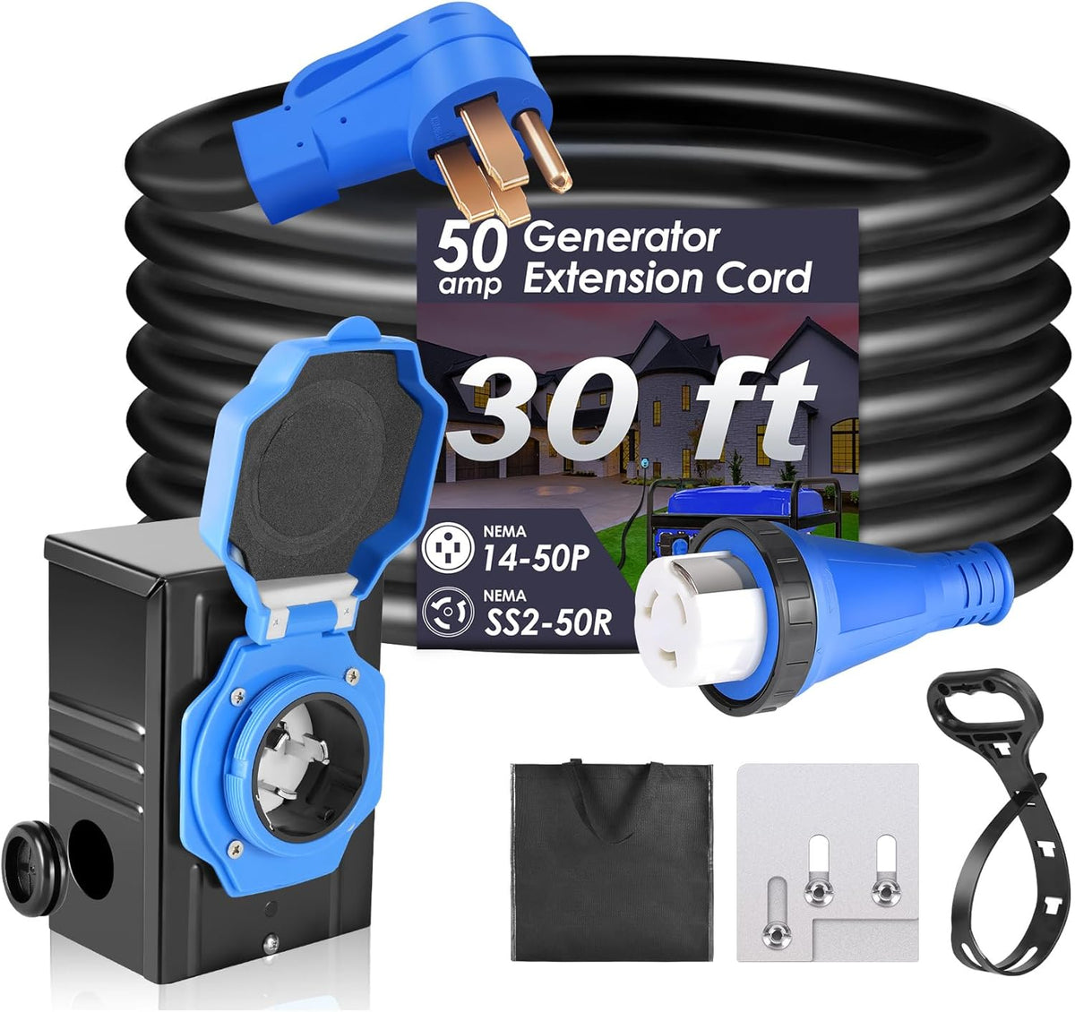 Seeutek 50 Amp 30 Ft Generator Extension Cord With Power Inlet Box And Interlock Kit - NEMA 14-50P/SS2-50P