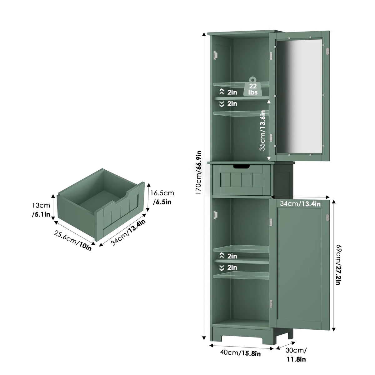 Homfa Tall Narrow Bathroom Storage Cabinet With Door And Drawer, 15.7in L x 11.8in W x 67in H, White