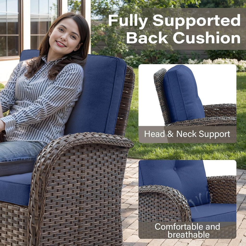 Belord 3-Piece Patio Swivel Rocking Chair Set With Side Table - Brown/Blue