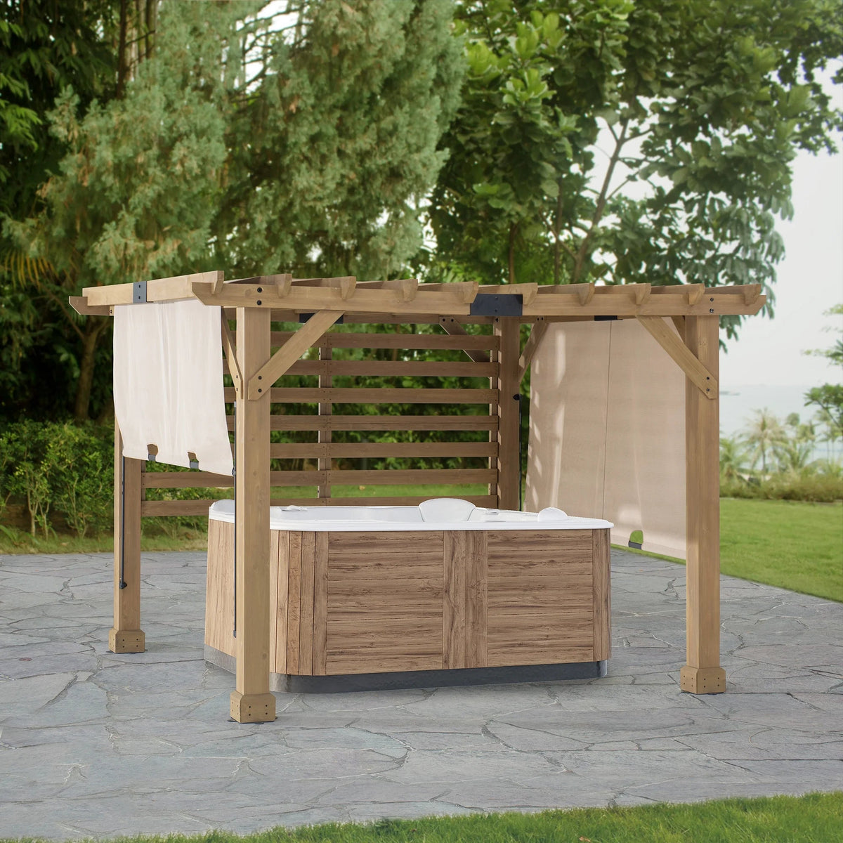 Sunjoy Cedar Wood Hot Tub Pergola 10 x 11 ft With Adjustable Canopy And Privacy Screen