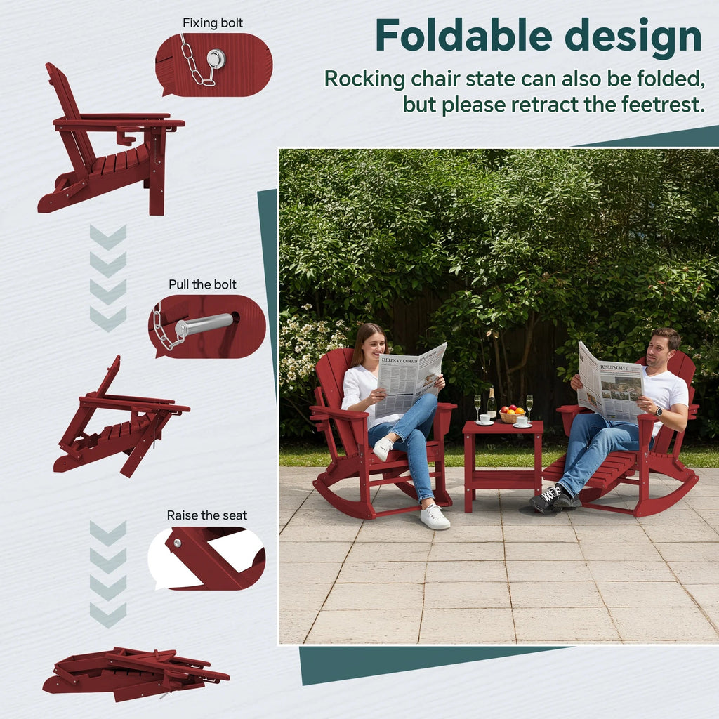 KINGYES Folding Adirondack Rocker Chair Set Of 2 With Footrest And Dual Cup Holders - Black