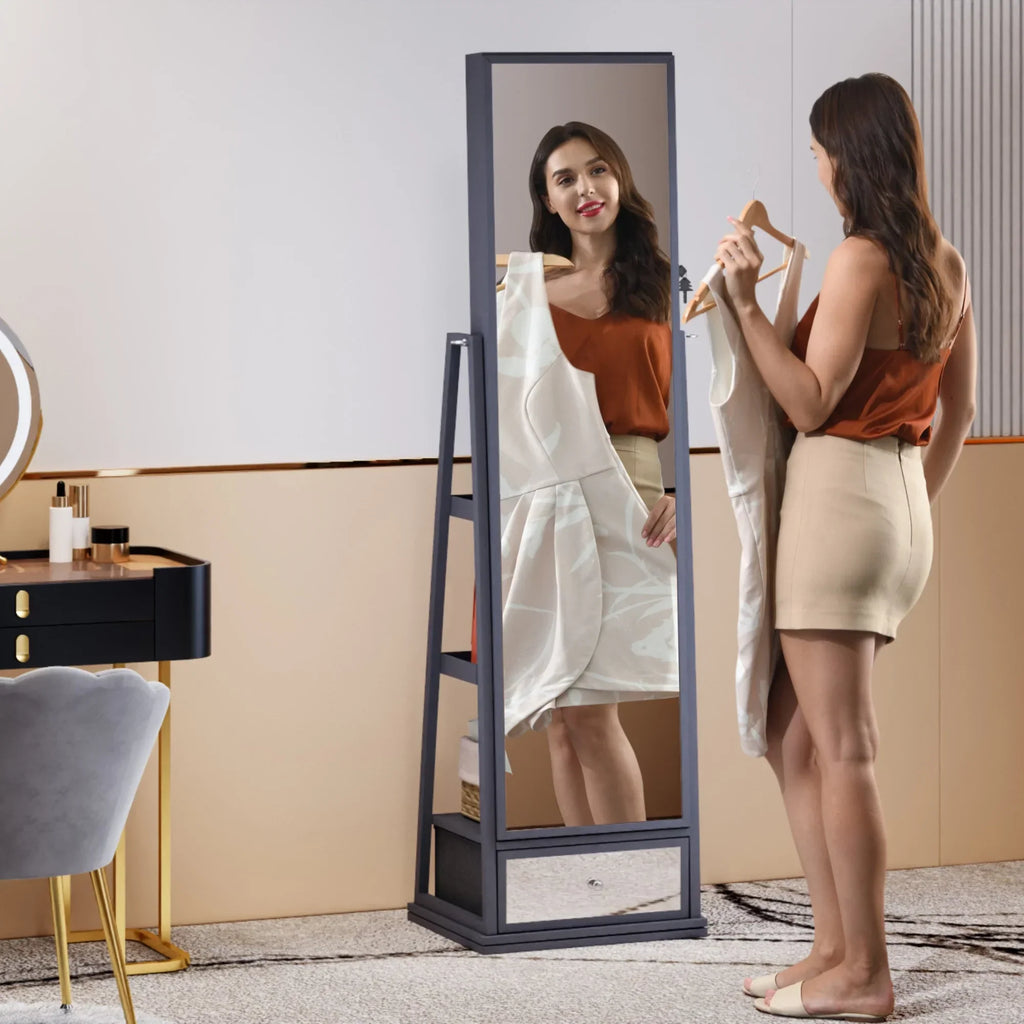 FREDEES Standing Jewelry Cabinet With Full-Length Mirror, Lights, Engineered Wood, Gray, 14 in D x 15 in W x 64 in H