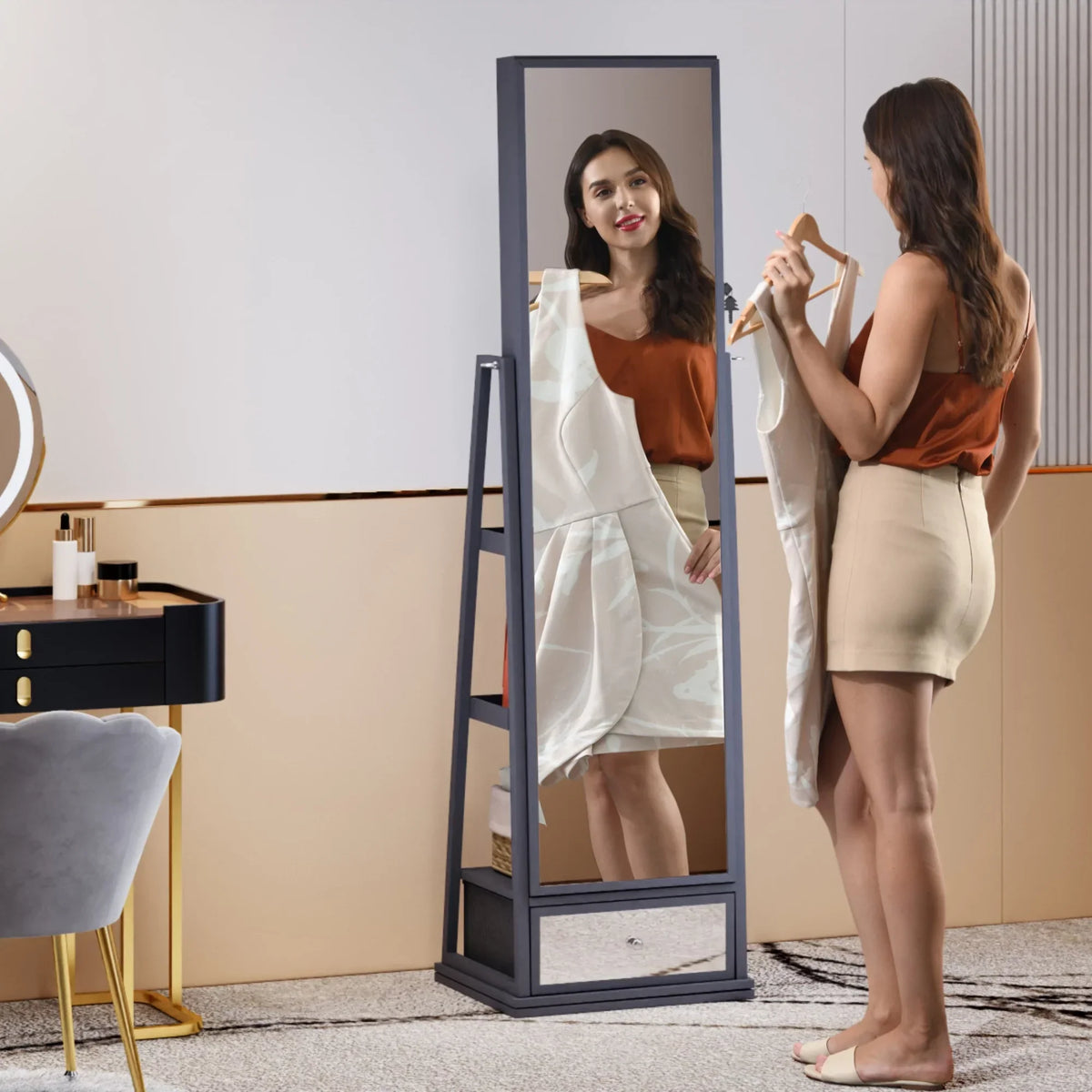 FREDEES Standing Jewelry Cabinet With Full-Length Mirror, Lights, Engineered Wood, Gray, 14 in D x 15 in W x 64 in H
