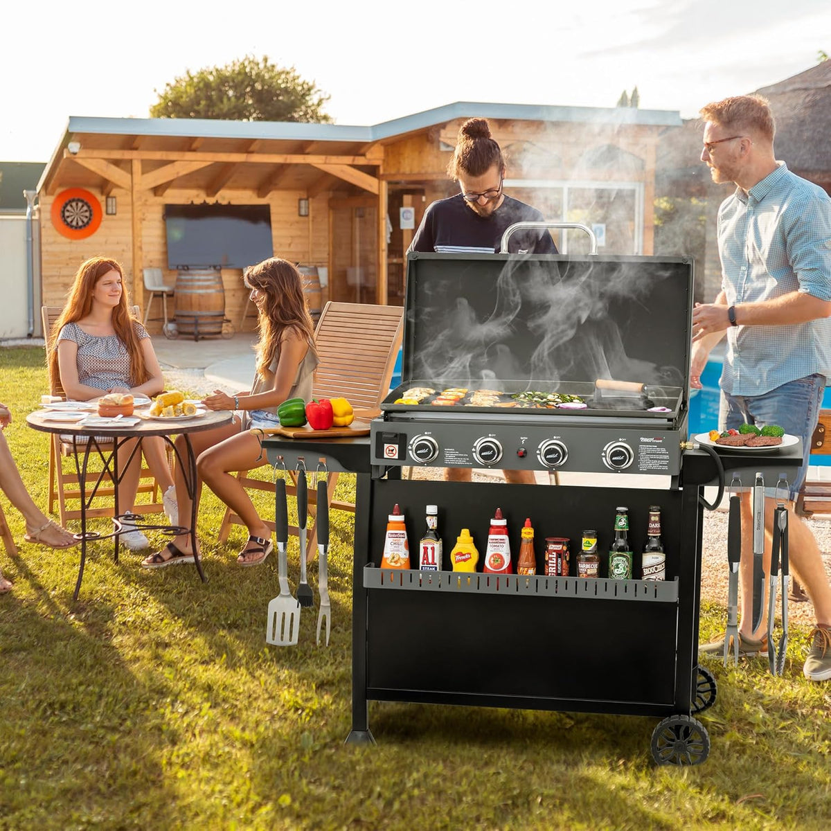 Royal Gourmet 30-Inch 4-Burner Propane Gas Griddle With Convertible Cart And Hood - PD4001