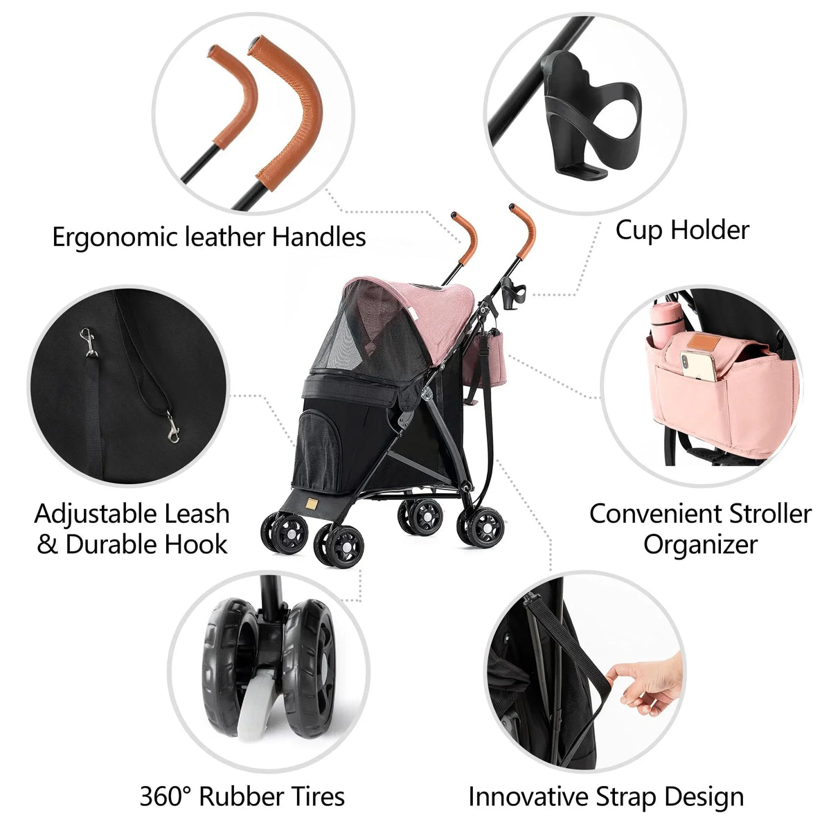 3 In 1 Folding Pet Stroller With Storage Basket And Cup Holder, Pink