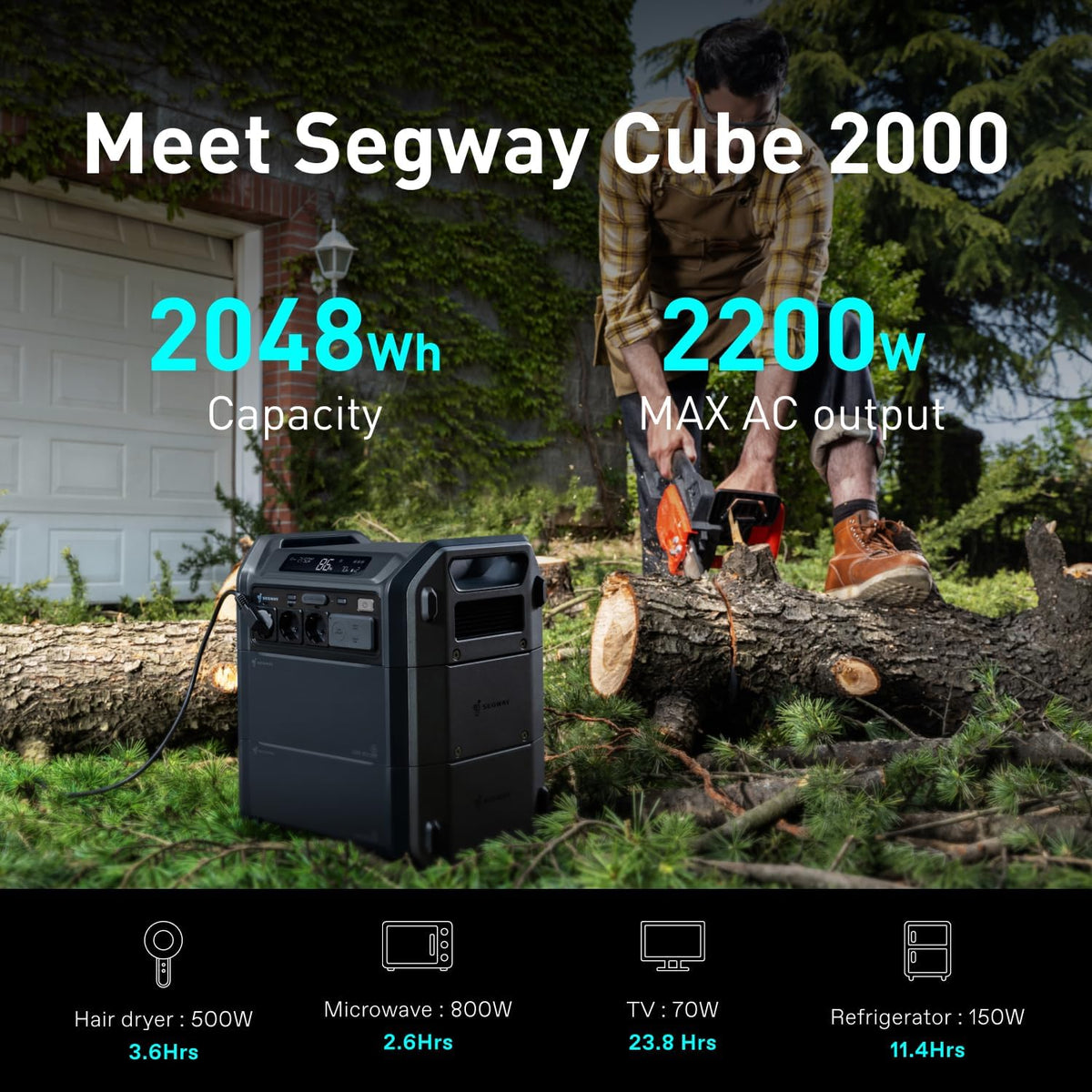 Segway Portable Power Station 2048Wh LiFePO4 Battery, 2200W, 3 AC Outlets - Cube 2000