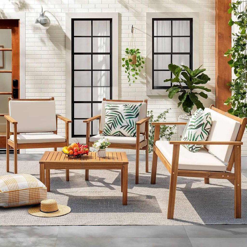 Flamaker 4-Piece Outdoor Acacia Wood Patio Conversation Sofa Set With Table And Cushions