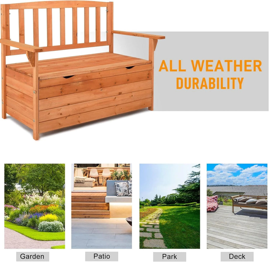 Outvita Outdoor Wood Storage Bench Loveseat With Armrests - 2 Person