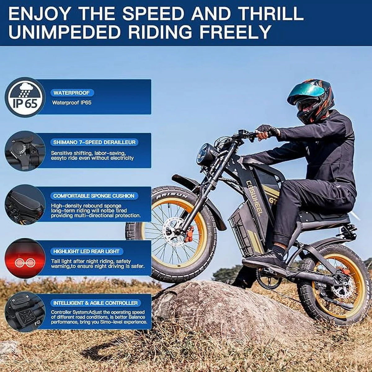 COSWHEEL GT20 Electric Dirt Bike, 1500W Motor, 48V/25Ah Removable Battery, 20in x 4.0in Fat Tires - GT20