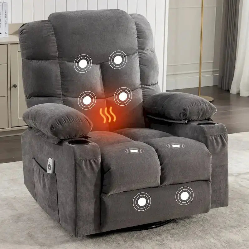 Oversized Massage Recliner Chair With Heat, 150 Degree Recline, 30 Degree Rocking, Dual USB Ports And 2 Cup Holders - Grey