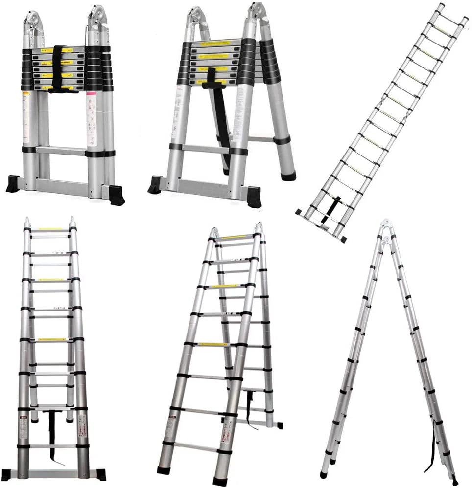 Bowoshen Telescopic Ladder 16.5 ft Aluminum 8 x 2 Steps 330 lb