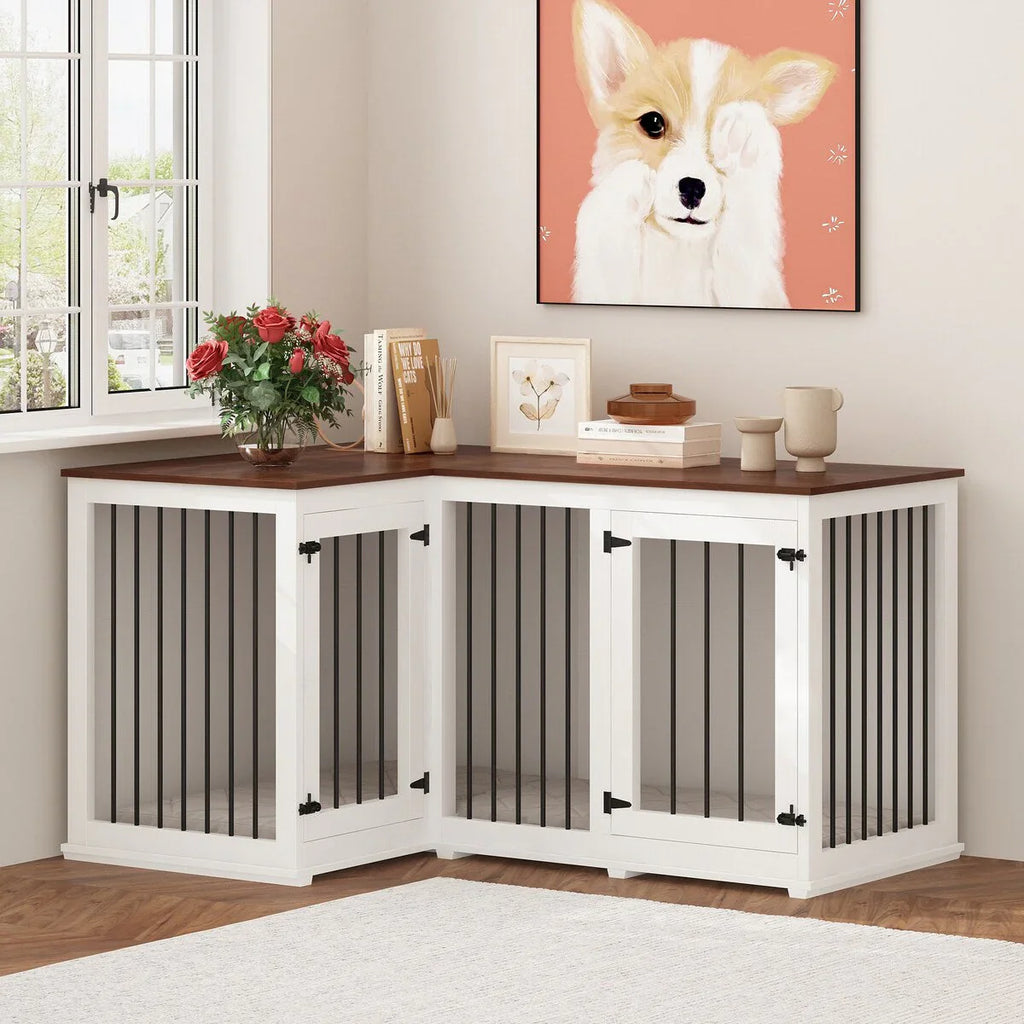 L Shape Corner Dog Crate Furniture For 2 Dogs, 58.7X41.1