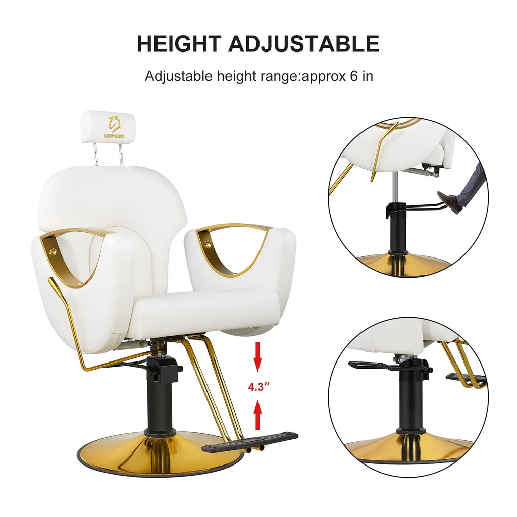 LUXMARS Reclining Hydraulic Barber Chair, White, 40 Inches To 46 Inches