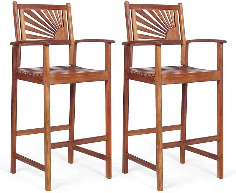2-Pack Acacia Wood Outdoor Patio Bar Stools, Natural, 29in Seat Height - Sunflower Backrest