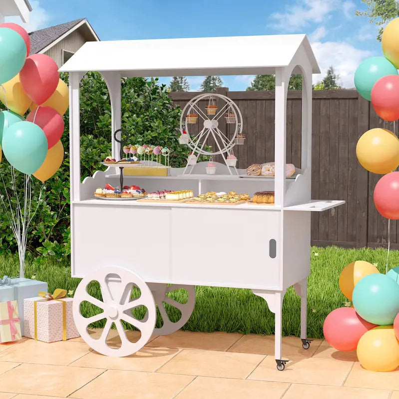 Wooden Candy Cart With Wheels, Pine Wood And MDF, Sliding-Door Cabinet