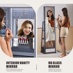 FREDEES Standing Jewelry Cabinet With Full-Length Mirror, Lights, Engineered Wood, Gray, 14 in D x 15 in W x 64 in H