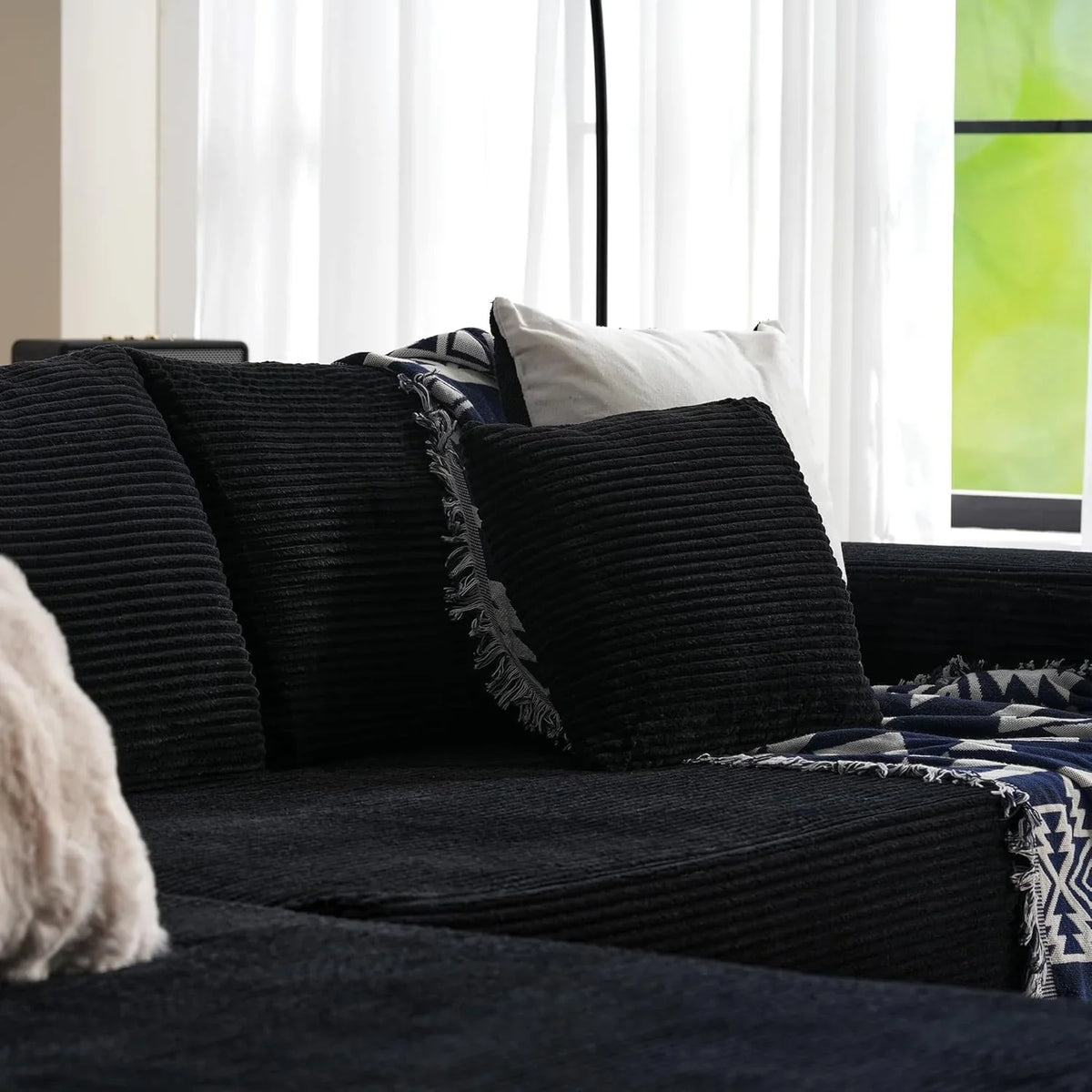 ovios 104in L-Shape Sectional Sofa With Chaise, Grey Plush Corduroy Fabric