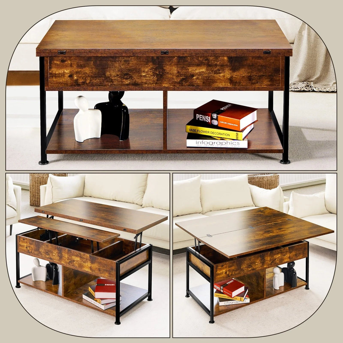 MONVANE Lift Top Coffee Table With Storage, 40 in, Rustic Brown
