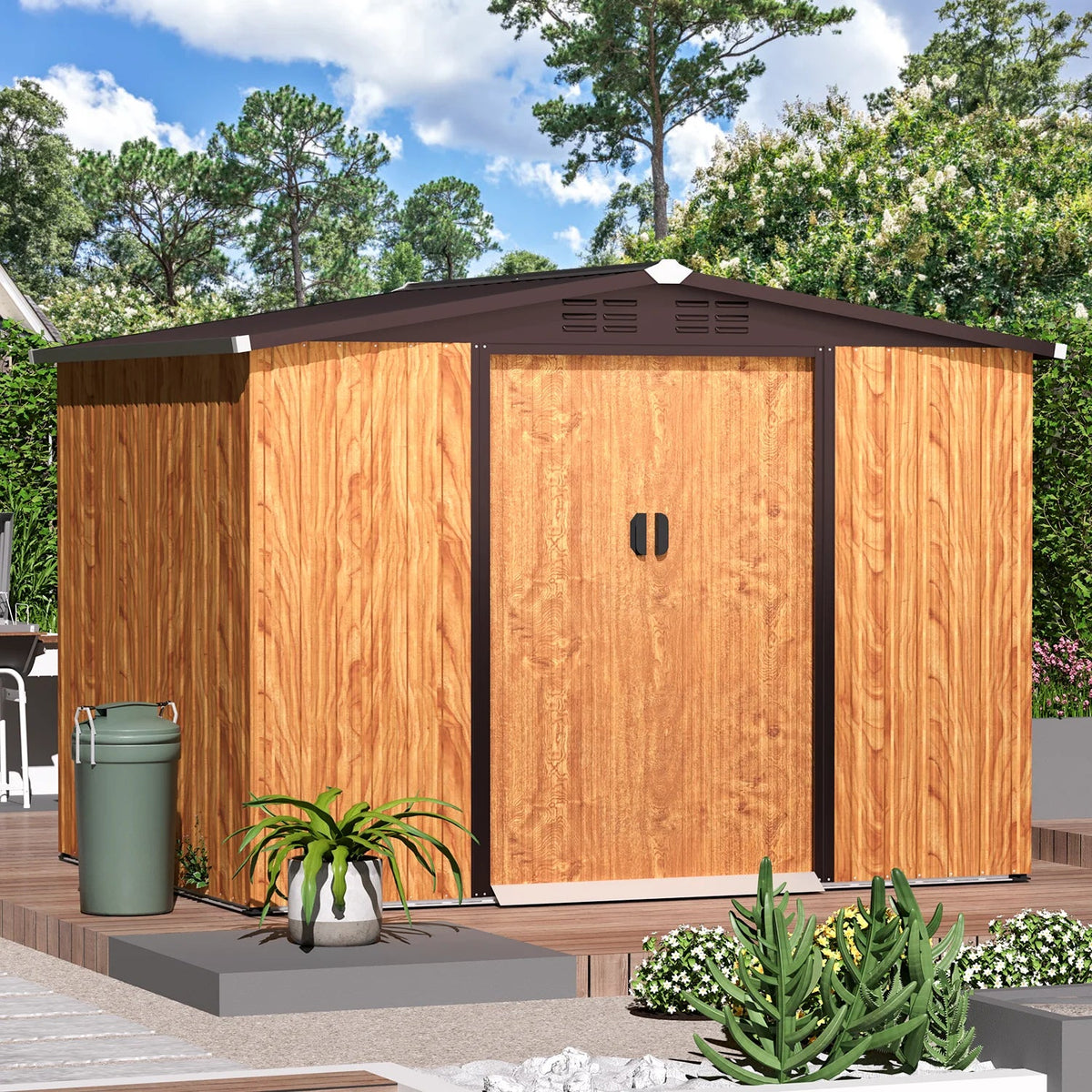 U-MAX 8 x 6 ft. Wood Grain Outdoor Metal Storage Shed With Lockable Door