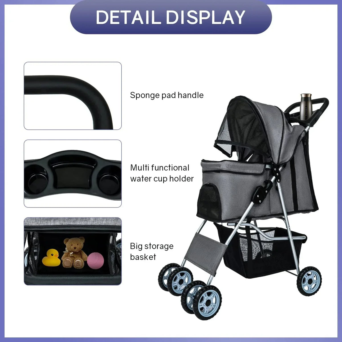 NiamVelo 4-Wheel Foldable Pet Stroller With Cup Holders And Storage Basket - 30 LBS Capacity