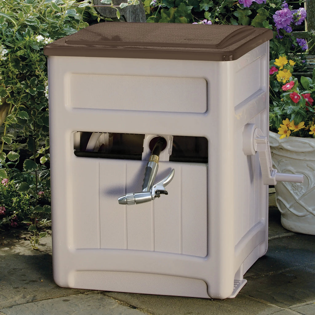 Suncast Smart Trak Hideaway Outdoor Garden Hose Reel With Storage Bin, Taupe - 225'