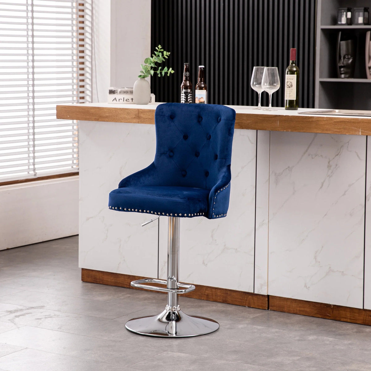 Alexent 2-Piece Swivel Bar Stools, Dark Blue, 43.7-51.6 H, 19.3 W x 18.1 D - Silver Footrest