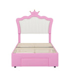 Twin Upholstered Bed Frame With LED Lights, Crown Headboard, Drawer, Pink+White - 76.8L x 44.1W x 51H
