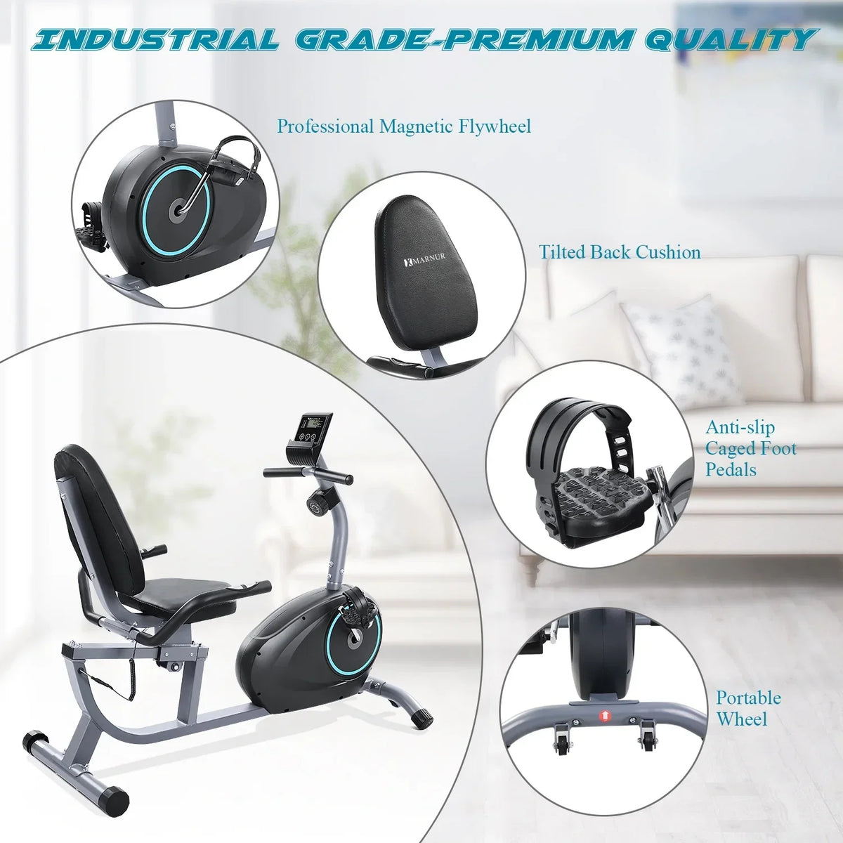 MARNUR Recumbent Exercise Bike With 8 Levels Adjustable Resistance, LCD Monitor, Pad Holder And Wheels