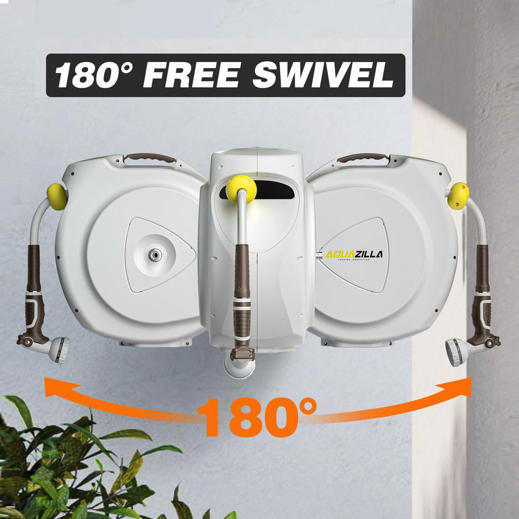 AQUAZILLA Retractable Garden Hose Reel, 5/8 in x 100+6 ft, Wall Mounted, White - 10 Pattern Spray Nozzle