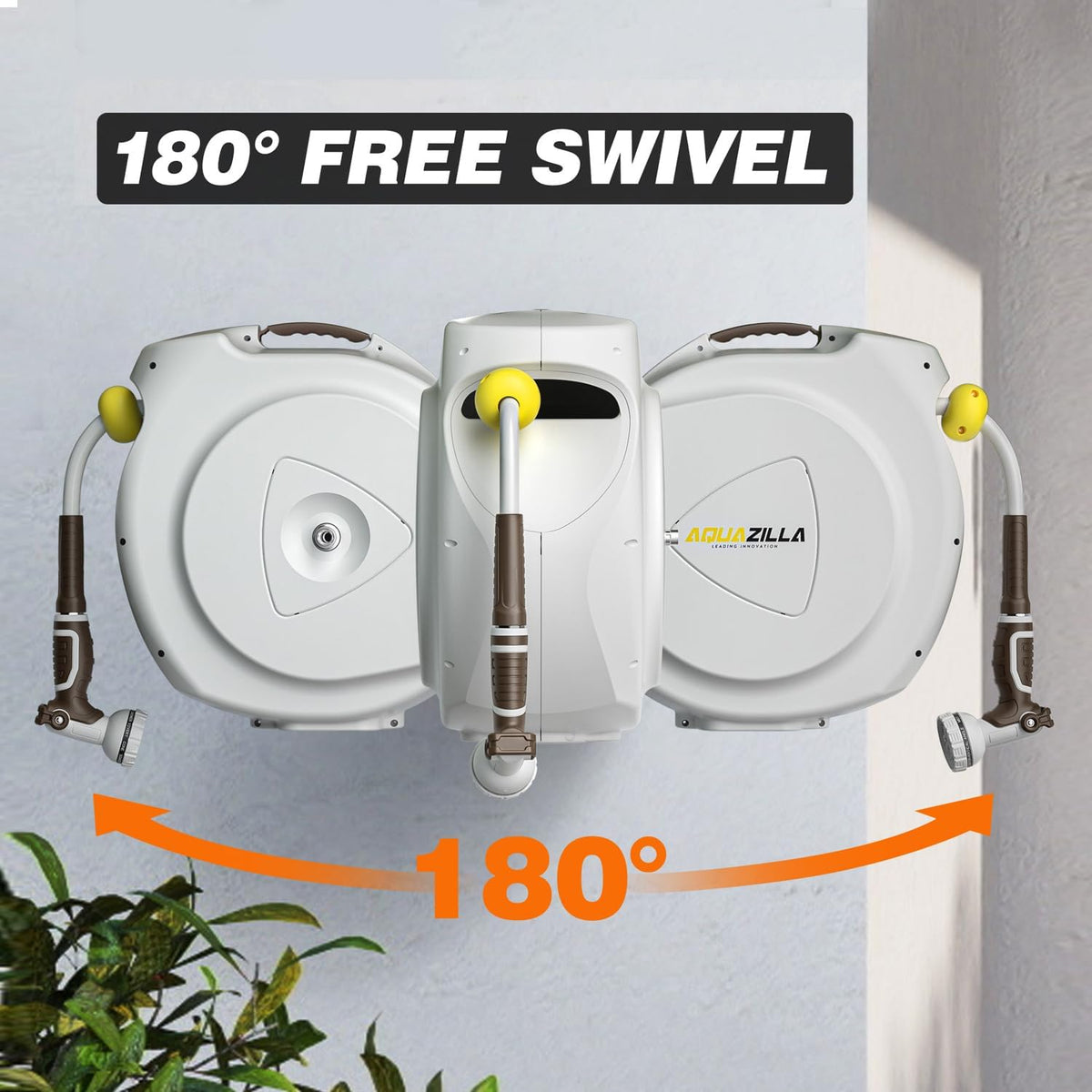 AQUAZILLA Retractable Garden Hose Reel, 5/8 in x 100+6 ft, Wall Mounted, White - 10 Pattern Spray Nozzle