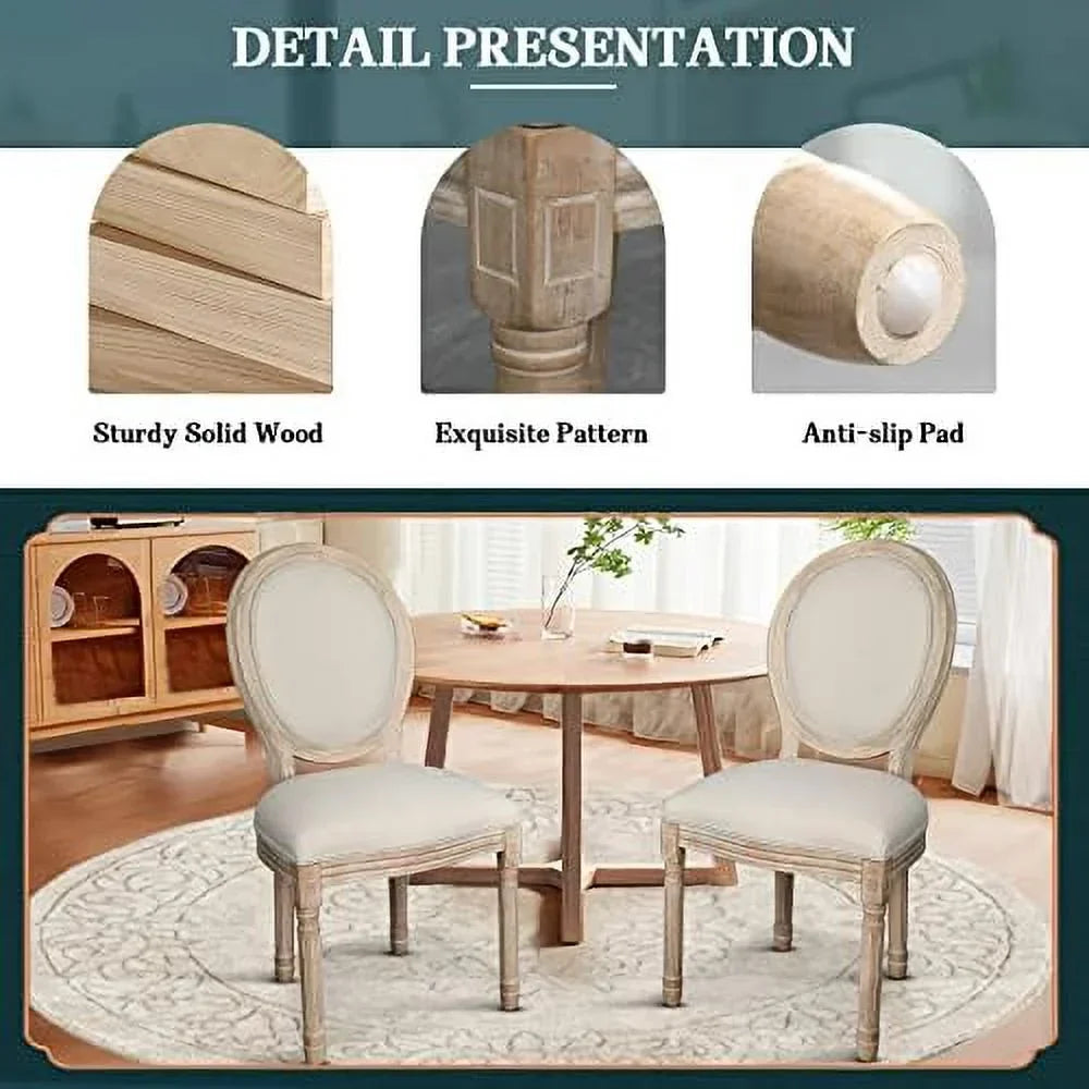 MQLIFEBOOM French Dining Chair With Oval Backrest - Linen Fabric Upholstered Solid Wood