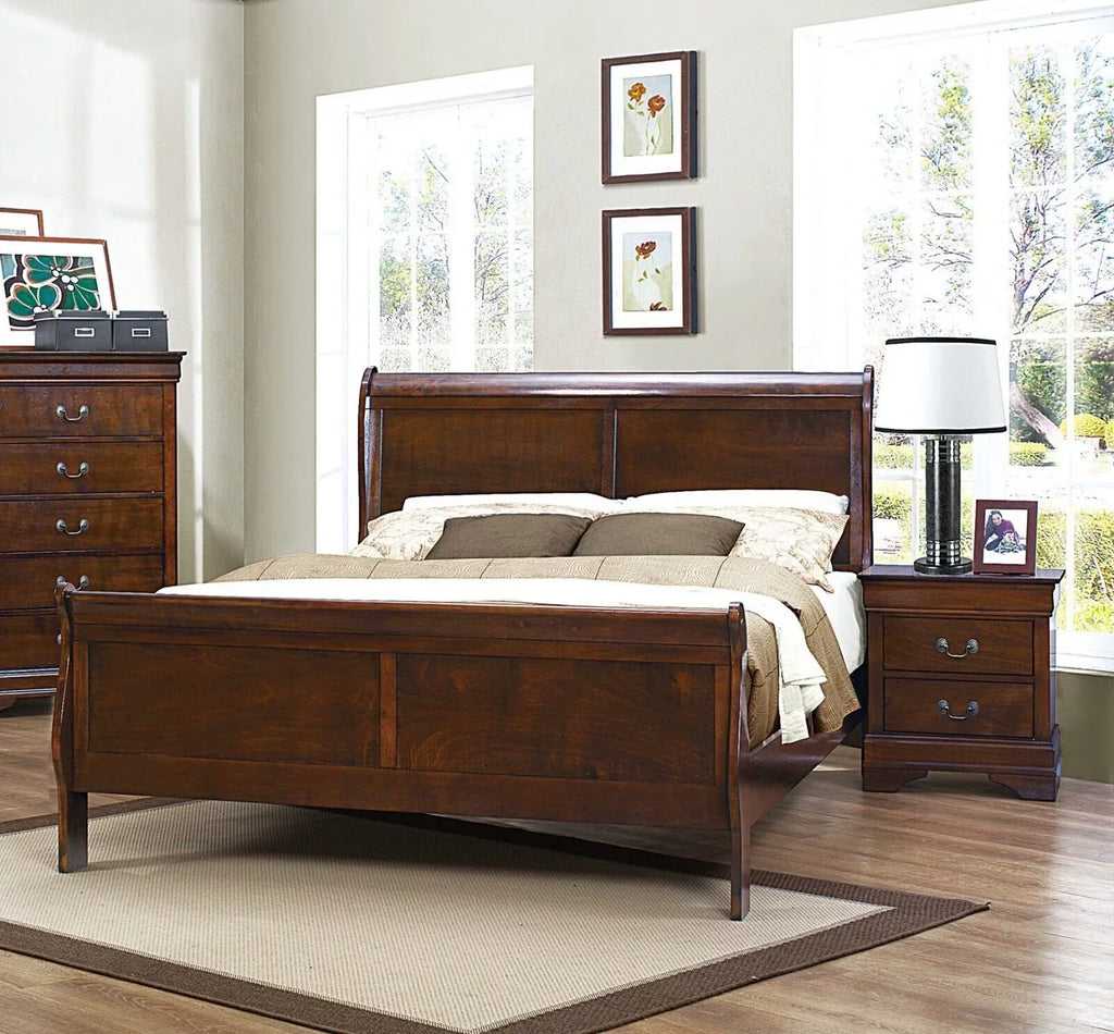 Louis Philippe Style Bedroom Set With Queen Size Bed And 2 Nightstands - Brown Cherry Finish