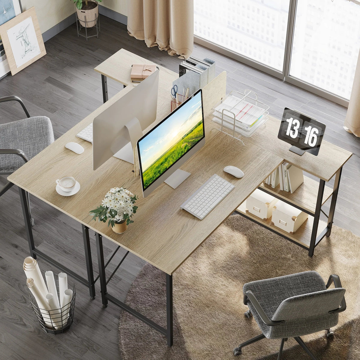 Small L-Shaped Computer Desk With Reversible Storage Shelves - 55-Inch / 47-Inch