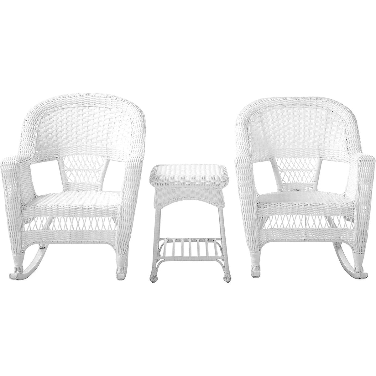 Jeco Resin Wicker Outdoor Patio Rocker Chair And End Table Set, 3-Piece, White