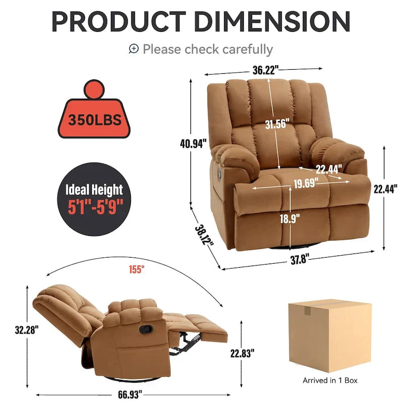 Lazy Boy Oversized Fabric Swivel Rocking Manual Recliner Chair, 37.8L*38.2W*41H, 155 Degrees