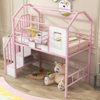 Pink Twin Metal Loft Bed With Roof Design And Storage Box