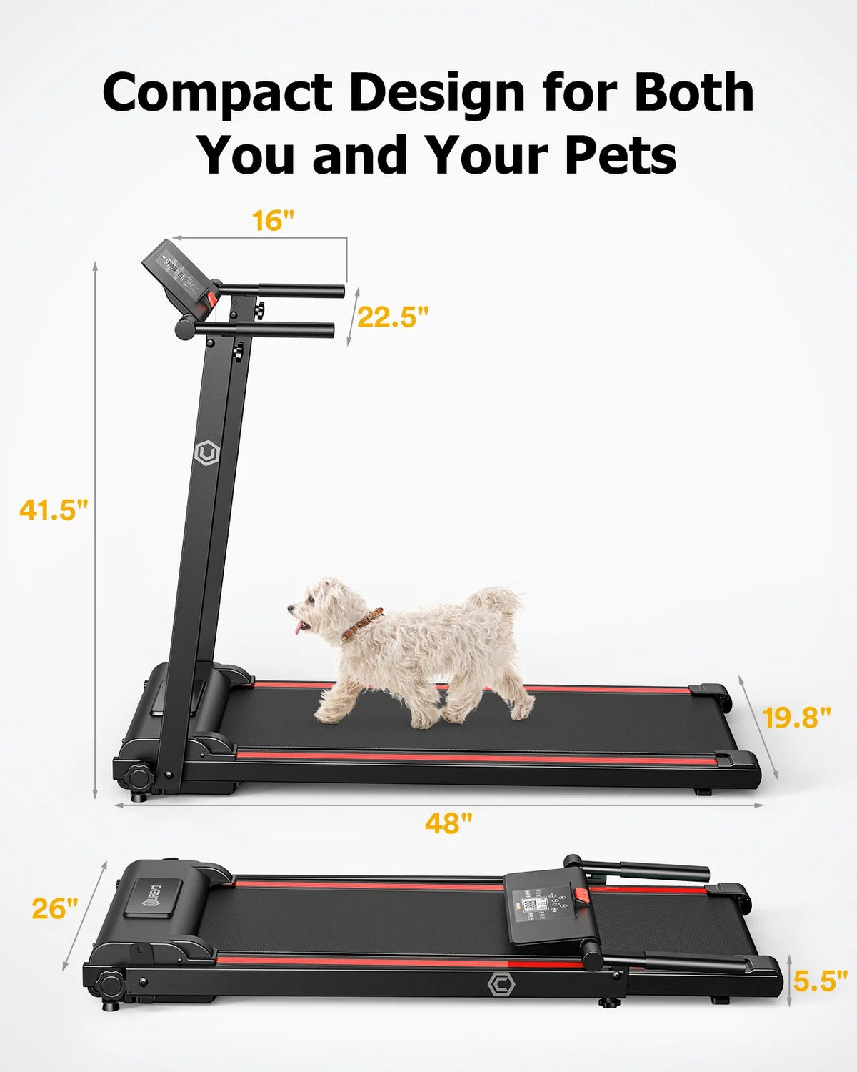 UREVO Folding Treadmill - 2.25HP, 12 HIIT Modes, 265 lbs Capacity, Yellow Or Red