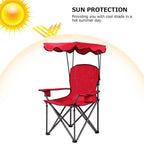 Outdoor Canopy Folding Beach Chair With 2 Cup Holders, 600D PVC Fabric - 38in x 26.5in x 51in